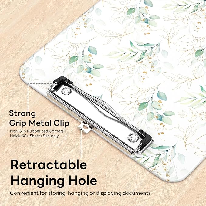Luminzo Plastic Cute Clipboard Low-Profile Metal Clip, A4 Letter Size 9 x 12.5 in, 8.5 x 11 Paper Clip Board for Teachers, Nurses, Classroom,Green Leaf