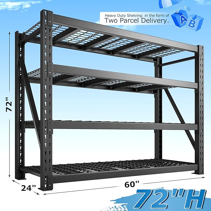 Bepatio 11000LBS Industrial Garage Shelving Heavy Duty, 4-Tier Adjustable Storage Shelves Metal Shelving, Industrial Shelving for Basement Warehouse Commercial Garage Shop, 72" H× 60" W × 24" D, Black