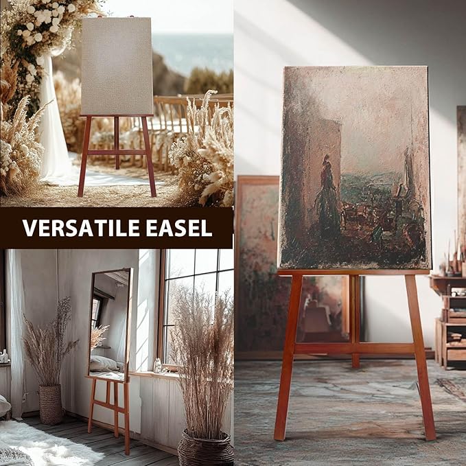 Stuelloaf Large A-Frame Wooden Painting Display Walnut Easel, Large Adjustable Pine Wood Standing Easel Holding Canvas Up to 60'', Solid Wood for Display, Wedding Sign or Painting-Walnut