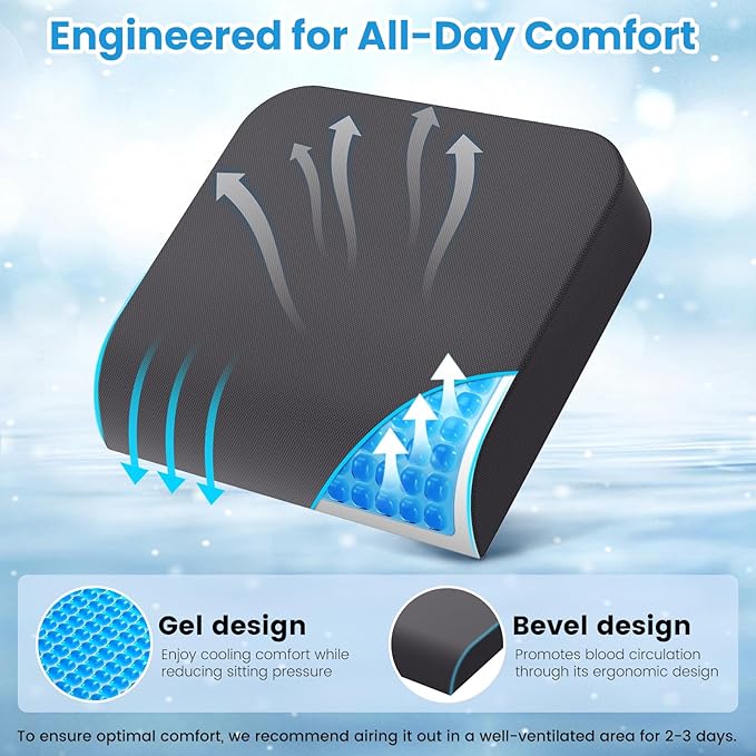 ComfyInLove Wheelchair Seat Cushion - Cooling Gel & Memory Foam Office Chair Cushion with Non-Slip Bottom & Washable Cover, Ergonomic Car Seat Pillow for Sciatica, Tailbone, Back Comfort (Grey)
