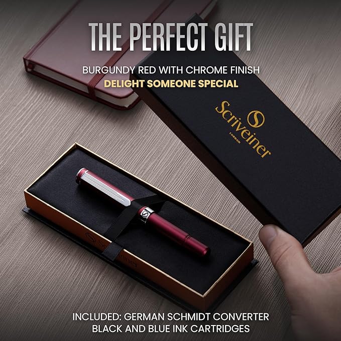 Scriveiner Personalized Luxury EDC Fountain Pen (Medium), Stunning Matt Red Pocket Pen, Chrome Finish, Schmidt German Nib, Best Engraved Fountain Pen Gift Set for Men & Women, Name Engraving
