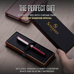 Scriveiner Luxury EDC Fountain Pen (Medium), Matt Red Pocket EDC with Chrome Finish, Schmidt German Nib, Converter, Best Writing Gift Set for Men & Women, Fancy Pen for the Office & Journaling