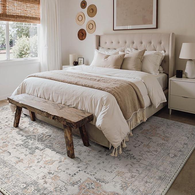 GENIMO 7x9 Area Rugs for Living Room, Non Slip Machine Washable Vintage Rugs, Low Pile Lightweight Chenille Print Large Rug for Bedroom, Dining Room, Home Office, Light Taupe Brown