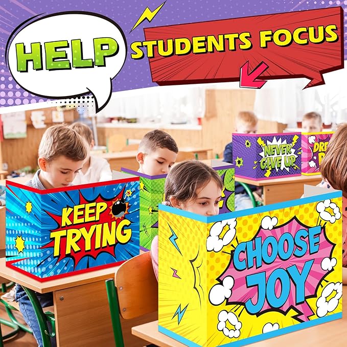 Affrolling 24 Pcs Inspirational Privacy Folders Bulk for Students Cardboard Privacy Boards Desk Divider Panel Waterproof Testing Divider for Classroom Back to School Study Supplies (Hero)