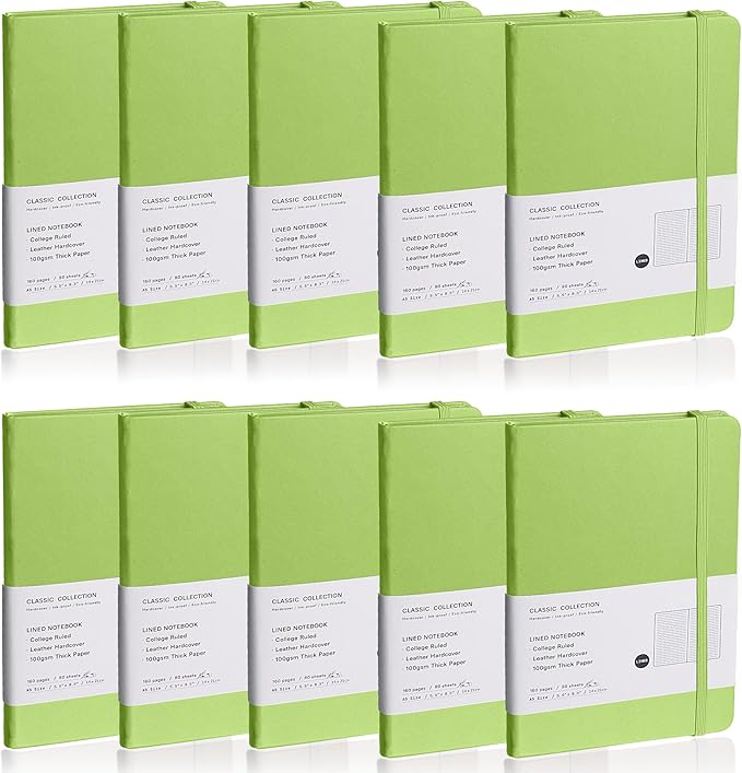 EMOMAS Lined Journal Notebook, 10Pack Hardcover Notebook for Men & Women – Journals for Writing, Work, School, Home & Daily Notes, 160 Pages – Medium A5, 5.7"x8", 100 gsm Thick Paper (Grass Green)