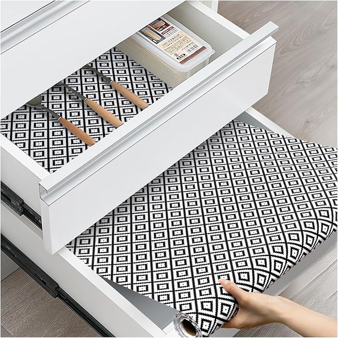ALIUNI Drawer and Shelf Liner, Non-Slip Kitchen Cabinet Liners Non-Adhesive Thick Strong Grip Waterproof Washable Mats Protect Dresser Shelves Cupboard Bathroom Cabinets, Black & White, 12 in X 20 FT