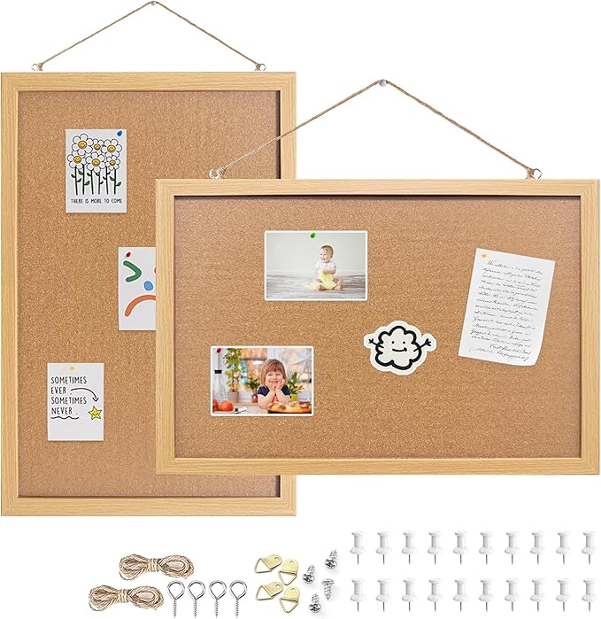 Yunihome Cork Bulletin Board, 13''x18''-2pack Hanging Cork Board Wooden Framed with Pins for Wall, Dorm Room, Office, Home Decor – Natural Cork & Black Frame