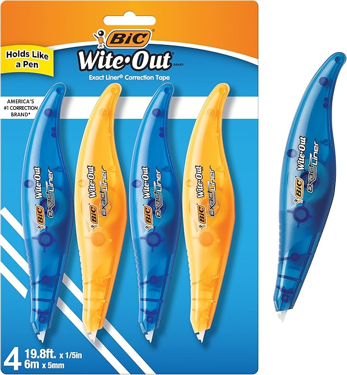 BIC Wite-Out Brand Exact Liner Correction Tape, 19.8 Feet, white Correction Tape, Fast, Clean and Easy to Use Tear-Resistant Tape Office or School Supplies (Pack of 18, 72 Count Total)