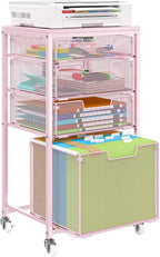 Sbanmao 4 Drawer Rolling File Cart Under Desk Storage, File Cabinets for Home Office, Mobile Filing Cabinet, Hanging File Organizer with Wheels, Utility Cart Printer Stand, Pink (Patent Pending)