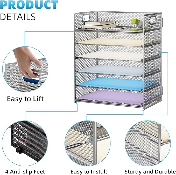 Marbrasse 2 Pack Desk Organizer with Handle, 6 Tier Paper Letter Tray, Mesh Desk File Organizer for Office, School and Home - Silver