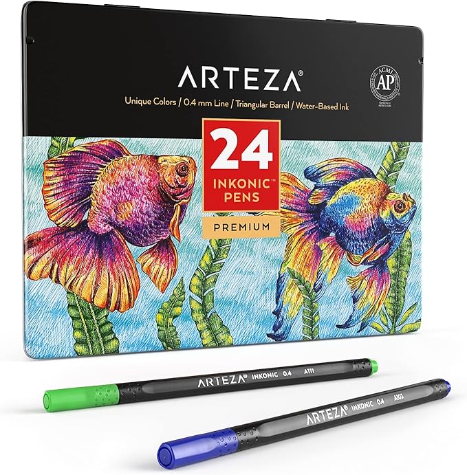 ARTEZA Inkonic Fineliners Fine Point Pens, Set of 24 Fine Tip Markers with Color Numbers, 0.4mm Tips, Ergonomic Barrels, Brilliant Assorted Colors for Coloring, Drawing & Detailing
