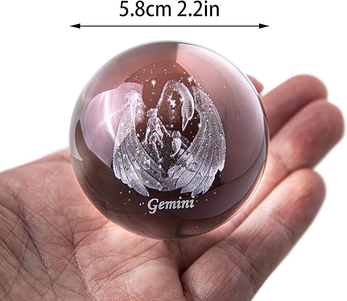 3D Constellation Crystal Ball 60mm Crystal Paperweight Full Sphere Glass Fengshui with Sliver-Plated Flowering Stand(Gemini)