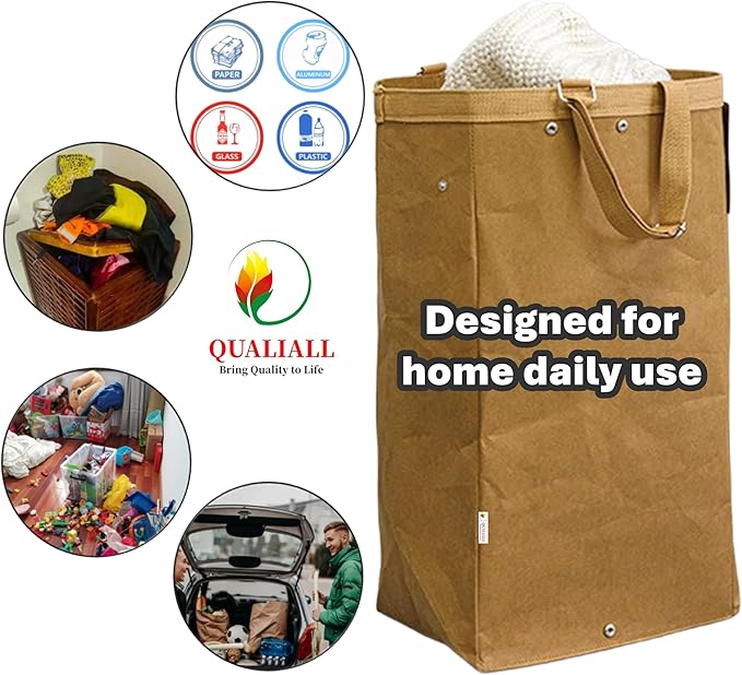 QUALIALL Kitchen Recycling Bin, Large Washable Paper Bags - Sturdy, Foldable, Space-Saving - Multipurpose Trash Can for Kitchen, Garden, and Indoor Use, 4 Colors, 4 Packs/Set