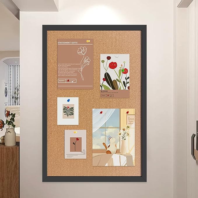 Yunihome Cork Bulletin Board, 48x31.5 Inches Hanging Cork Board Wooden Framed with Pins for Wall, Dorm Room, Office, Home Decor – Natural Cork & Black Frame