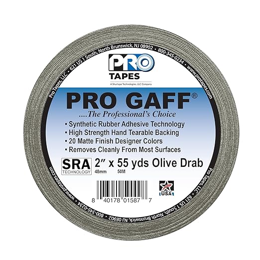 ProTapes Pro Gaff Premium Matte Cloth Gaffer's Tape With Rubber Adhesive, 11 mils Thick, 55 yds Length, 2" Width, Olive Drab (Pack of 1)