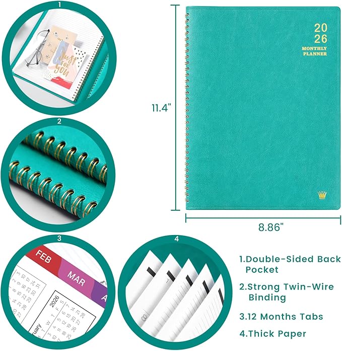 2026 Monthly Planner - Jan 2026 - Dec 2026, 12 Months Calendar/Planner with Faux Leather, 8.86" x 11.4", 15 Notes Pages, Strong Twin - Wire Binding, Pocket, Monthly Tabs, Perfect Organizer- Green