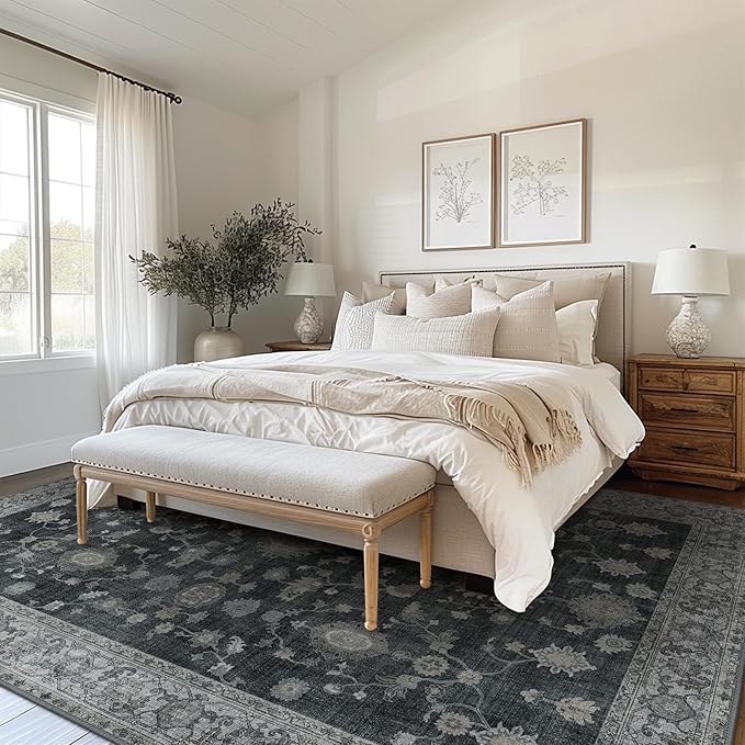 GENIMO Machine Washable 9x12 Area Rugs for Living Room, Non Slip Vintage Rugs, Low Pile Lightweight Chenille Print Rug for Bedroom, Dining Room, Home Office, Charcoal