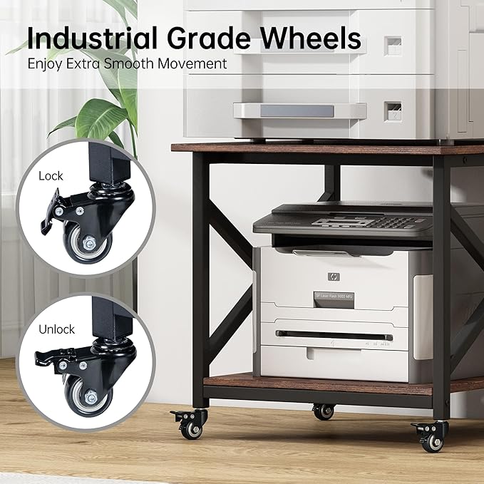 Fannova Large Printer Stand, 23.6 x 23.6 x 22.6 Inches Square Printer Table with Storage Shelf, 2 Tier Rolling Printer Cart with Industrial Wheels for Home Office - Rustic Brown