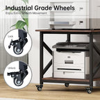 Fannova Large Printer Stand, 23.6 x 23.6 x 22.6 Inches Square Printer Table with Storage Shelf, 2 Tier Rolling Printer Cart with Industrial Wheels for Home Office - Rustic Brown