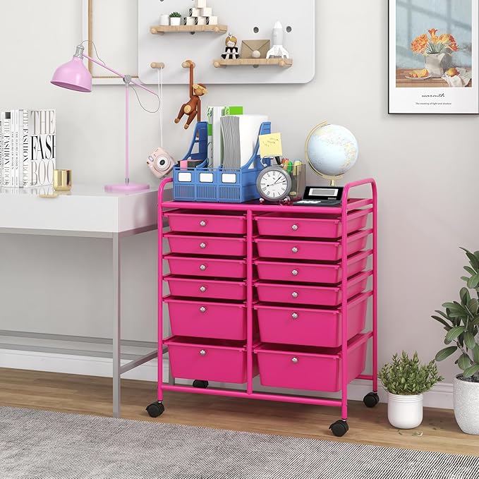 Giantex 12 Drawer Rolling Storage Cart Tools Scrapbook Paper Office School Organizer (Hot Pink)