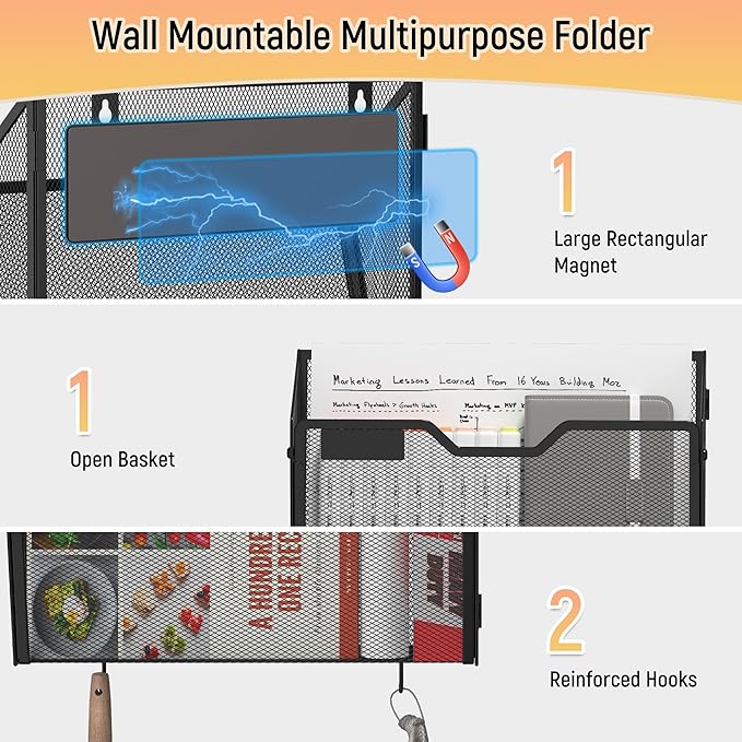 Docnest 3 Pack Magnetic Wall Mounted File Holders,Mesh Letter Organizer with Hooks, Magnetic Hanging Mail Paper Document Organizer for Office, Home, School, Black