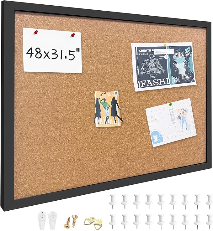Yunihome Cork Bulletin Board, 48x31.5 Inches Hanging Cork Board Wooden Framed with Pins for Wall, Dorm Room, Office, Home Decor – Natural Cork & Black Frame