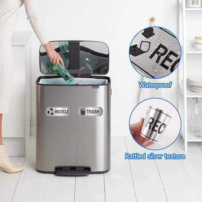 3PCS Recycle Stickers for Trash Bins, Self-Adhesive Waterproof Brushed Silver Trash Compost and Recycling Stickers for Trash Can, Kitchen, Office, Garbage Bin Indoor, Outdoor Use