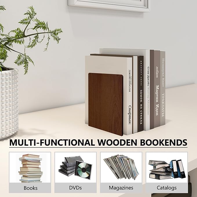 Brosisincorp Walnut Wood Book Ends for Shelves - Hand Polished Edges, Non-Skid Bookends for Heavy Duty Book Holders Office Desk Shelves Decorative Book Organizer, 6.69"H x 4.72"W x 3.94"L (1 Pairs)