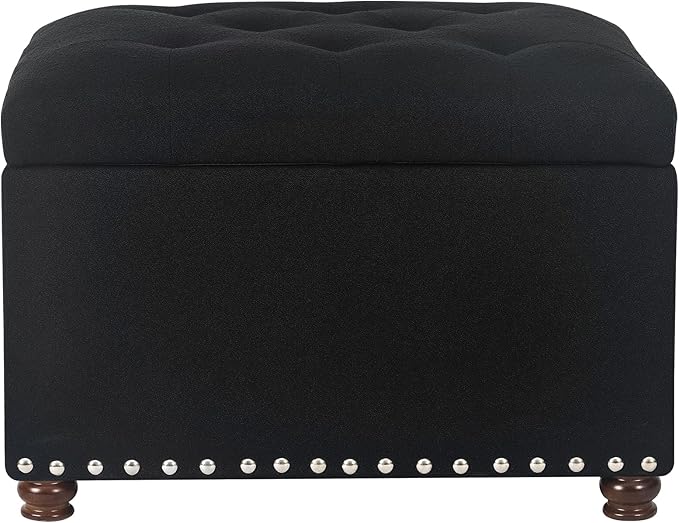 Decent Home Storage Ottoman Fabric Bench 24" Foot Rest Stool with Nailhead Trim for Bedroom Living Room(Black, Fabric)