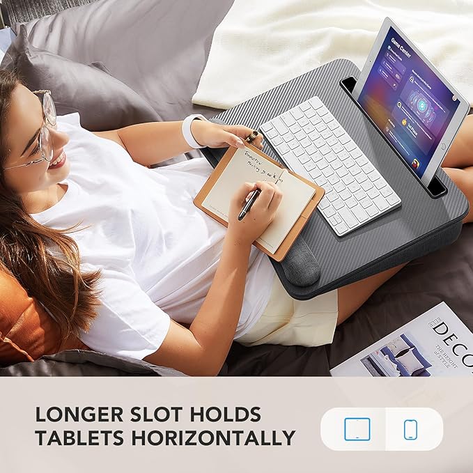 HUANUO Lap Laptop Desk - Portable Lap Desk with Pillow Cushion, Fits up to 15.6 inch Laptop, with Anti-Slip Strip & Storage Function for Home Office Students Use as Computer Laptop Stand - Grey