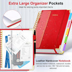 Hardcover Spiral Notebook 6.2"x 8.2" Journal Notebook with Tabs and Removable Dividers 300 Pages 5 Subject Notebook College Ruled, Faux Leather Spiral Bound Notebook for Women School Work(Red)