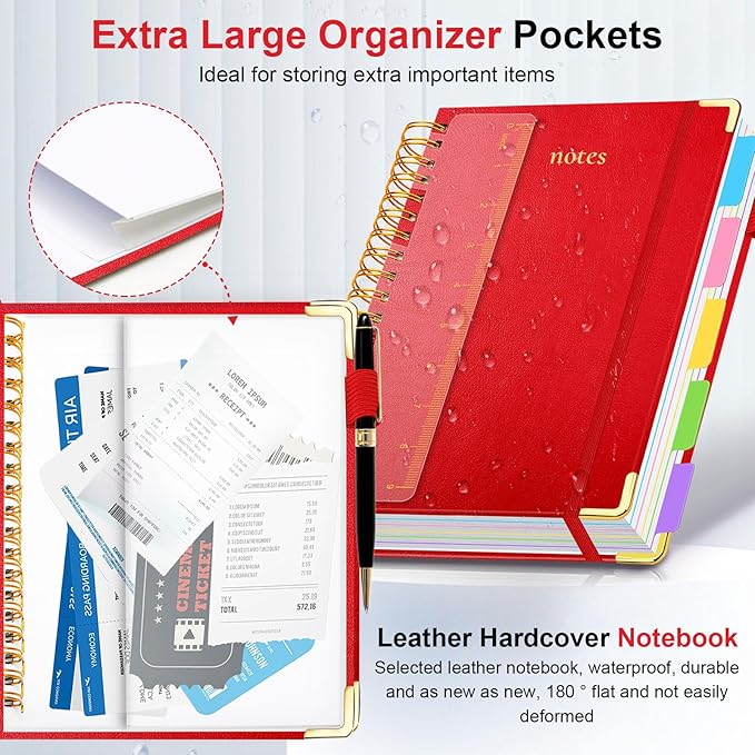 Hardcover Spiral Notebook 8"x10" Journal Notebook with Tabs and Removable Dividers 300 Pages 5 Subject Notebook College Ruled, Faux Leather Spiral Bound Notebook for Women, Students, School Work (Red)