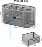 EasyPAG Mesh Pen Holder Desk Organizer with Drawer Stationery Supplies Organizer for Dorm School 9 Compartments Workspace Desk Accessories Organization for Office, Silver
