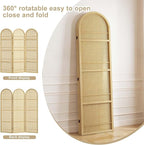 Rattan Room Divider with Built-in Bookshelf | Foldable Privacy Screen & Portable Partition for Home Office, Bedroom, Reading Nook | Wooden Frame, Freestanding Design (Natural-Rattan)