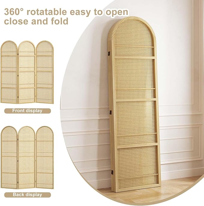 Rattan Room Divider with Built-in Bookshelf | Foldable Privacy Screen & Portable Partition for Home Office, Bedroom, Reading Nook | Wooden Frame, Freestanding Design (Natural-Rattan)