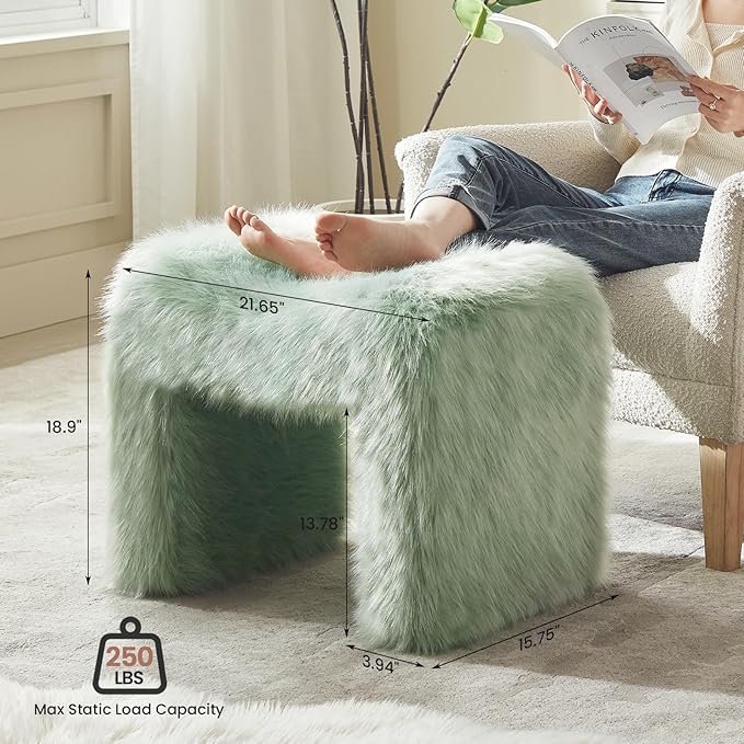 ZYKZYK Modern Vanity Stool Ottoman, Backless Faux Fur Small Footstool for Makeup Room, Living Room, Bedroom, Entryway Portable and Comfortable Seating (Single Piece) Green