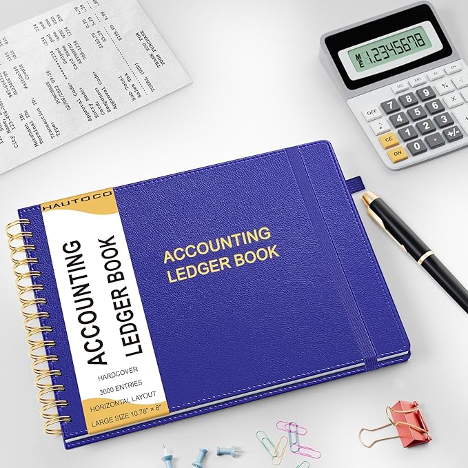 HAUTOCO Hardcover Accounting Ledger Book for Small Business Bookkeeping Horizontal Money Expense Tracker Notebook with 2 Storage Pouch, Personal Columnar Log Journal 10.78 x 8'', Navy Blue
