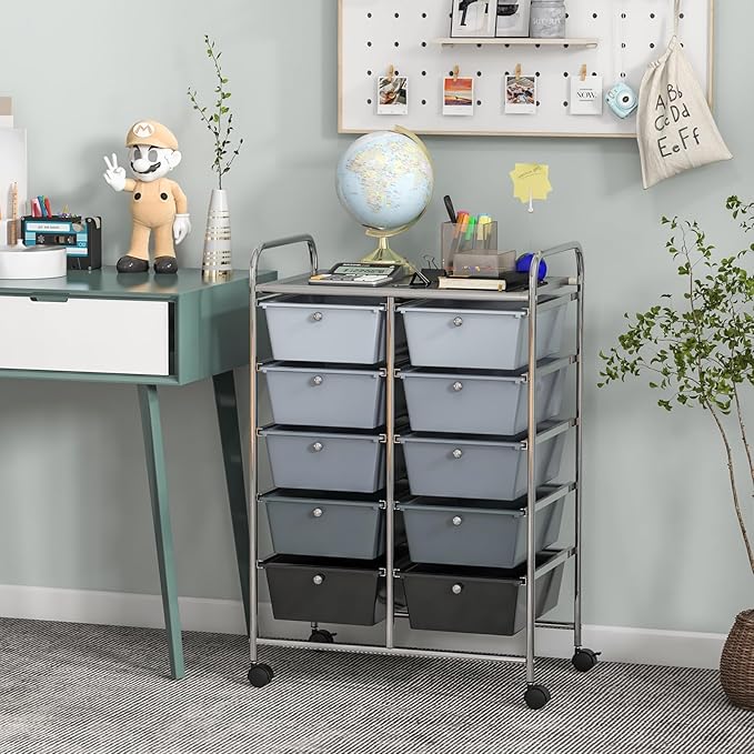 GLACER 10 Drawer Rolling Cart, Storage Cart with Lockable Whieels & Metal Frame, Trolley for Art Craft Oganizer, Mobile Utility Cart for Office, School, Classroom, Kitchen (Black Gradient)