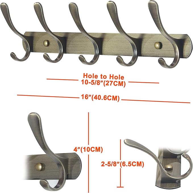 SKOLOO Coat Rack Wall Mount - Modern, Metal Wall Coat Rack with 5 Hooks, Pack of 2, Sturdy Wall Hook Rack Rail for Hanging Coat, Jacket, Clothes, Hat, Bronze
