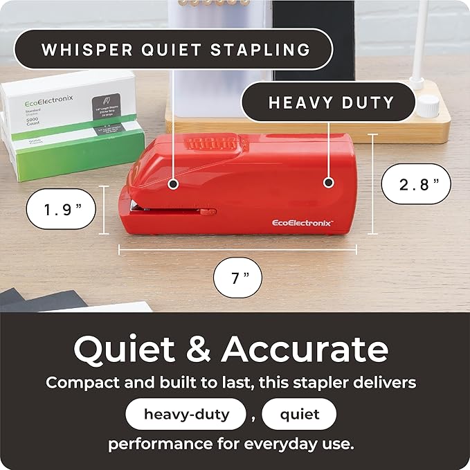 EcoElectronix Portable Automatic Electric Stapler Pro - 30 Sheet Capacity, Quiet Operation, Jam-Free and Easy Reload - AC Adapter/Battery Powered (Red)