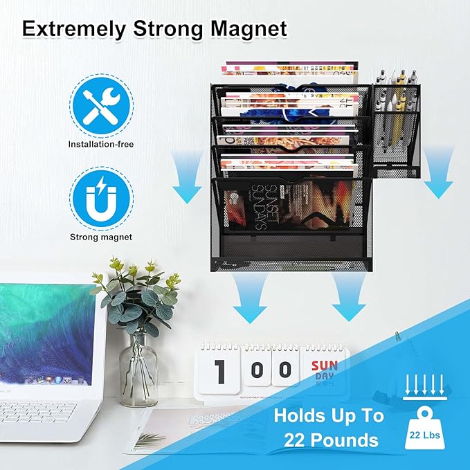 KZWKRG Magnetic File Holder, Magnetic File Organizer Wall Mount, 5 Tier Hanging Mail Organizer Folder Holder, Mesh Desk Accessories and Organizers, Paper Document Magazine Rack with 3 Pen Holder