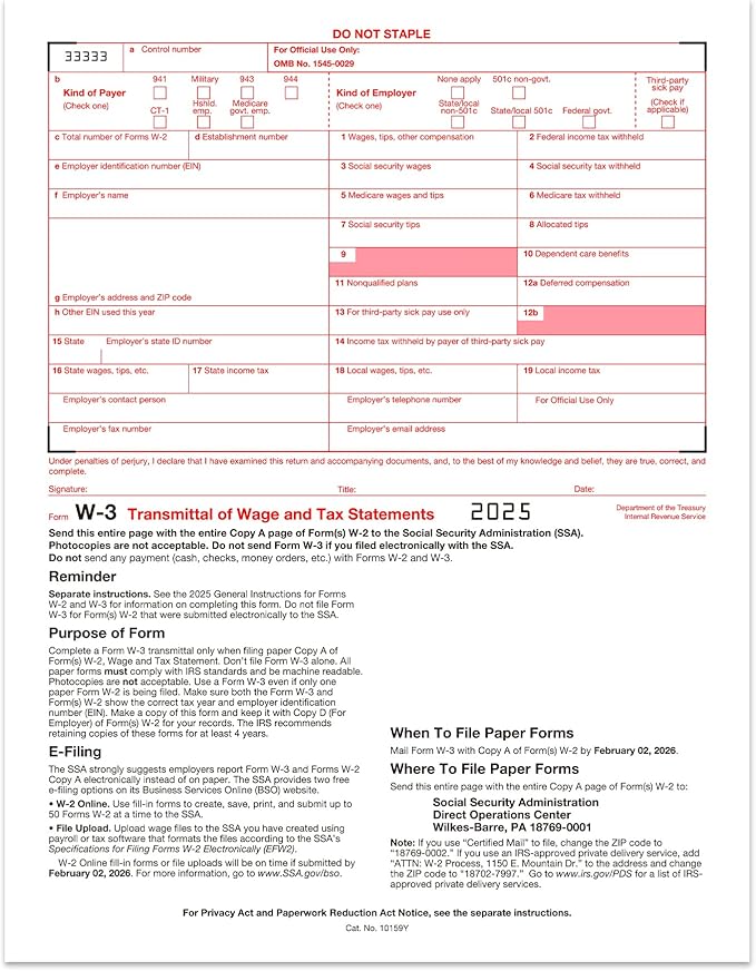 W2 Forms 2025, 6 Part Tax Forms, 25 Employee Kit of Laser Forms Designed for QuickBooks and Accounting Software, 25 Self Seal Envelopes Included