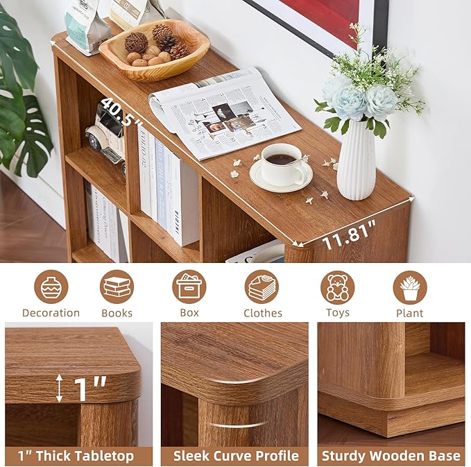 Joaxswe 6 Cube Storage Book Shelf, 40" Wide Low Horizontal Bookcase with Curved Edge, Floor Standing 2-Tier Wooden Bookshelf with Base, Modern Short Book Case for Bedroom, Study, Entryway, Brown