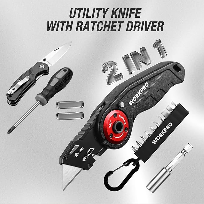WORKPRO Folding Utility Knife, 2-in-1 Multitool Knife with Ratcheting Screwdriver, Box Cutter Quick Blade Change, EDC Heavy Duty Work Knife with Extra 10 Bit Sets and SK5 Blades