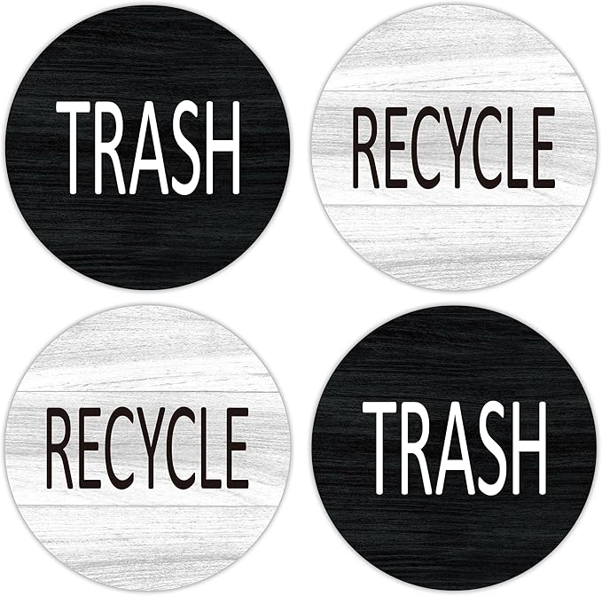 4PCS Recycle and Trash Sign Sticker for Kitchen,Self-adhensive Modern Circle Recycling Sticker for Trash Cans and Recycling Bin, Waste and Recycle Decals for Garbage Can Indoor &Outdoor Use 4Inch