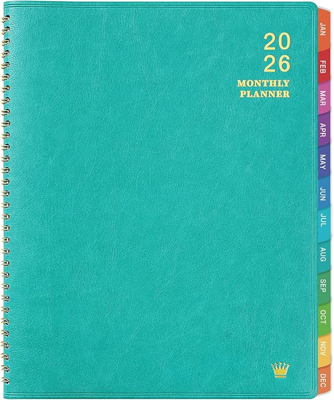 2026 Monthly Planner - Jan 2026 - Dec 2026, 12 Months Calendar/Planner with Faux Leather, 8.86" x 11.4", 15 Notes Pages, Strong Twin - Wire Binding, Pocket, Monthly Tabs, Perfect Organizer- Green
