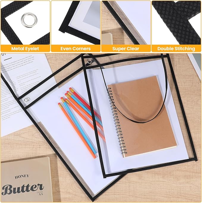 PercyEffie 15 Pack Job Ticket Holders 9 x 12 Inch Dry Erase Pocket Sleeves Clear Document Holder with Hanging Strap Work Order Reusable Repair Plastic Sleeves Shop Ticket Holders(Black)