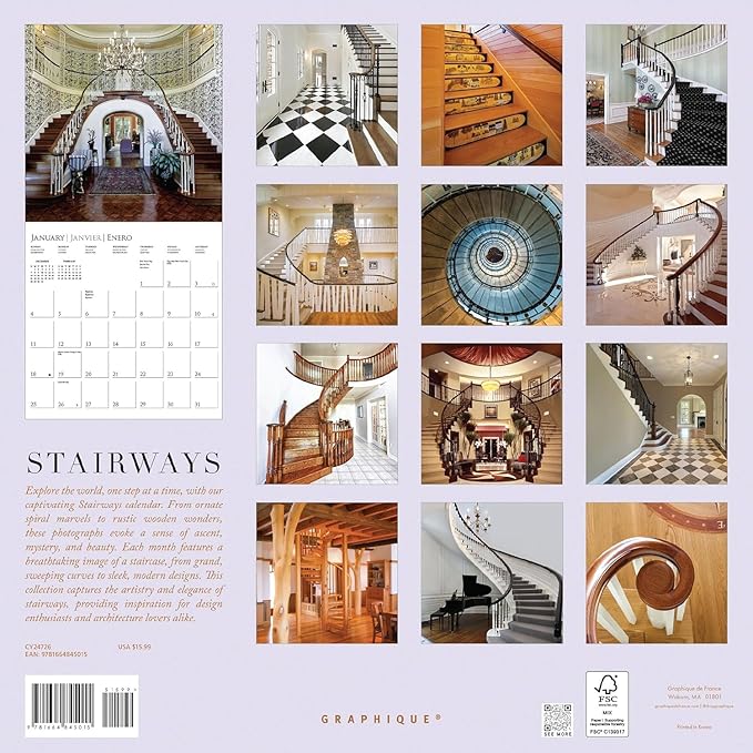 Graphique 2026 Stairways Wall Calendar | 12” x 12” | Thick Paper | Home & Office Organizer | Large Monthly Grid | 3 Languages & Marked Holidays | 4 Month Preview Page for 2027