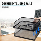 Hicarer 2 Pcs Black Metal Letter Tray Stackable Desk Tray Single Wire Mesh Organizer Front Load File Paper Holder for Desktop Office Home School Classroom (9.84 x 12.8 Inch)