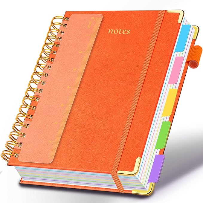 Hardcover Spiral Notebook 6.2"x 8.2" Journal Notebook with Tabs and Removable Dividers 300 Pages 5 Subject Notebook College Ruled, Faux Leather Spiral Bound Notebook for Women School Work(Orange)